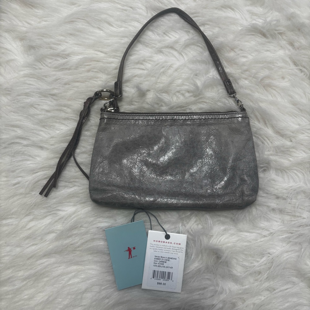 Hobo Small Light Gray Leather Purse with Brown Leather Tassel and Brass Hardware
